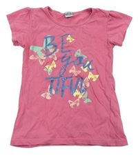 Růžové tričko s nápisy a motýlky Kiki&Koko