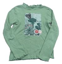 Zelené žebrované triko s ježkem a houbami Topolino