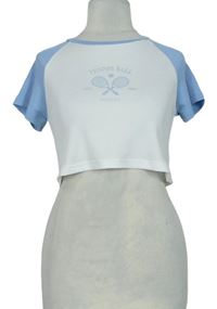 Dámské bílo-světlemodré žebrované crop tričko s potiskem Shein 