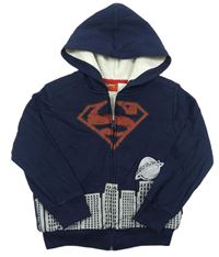 Tmavomodrá propínací zateplená mikina s budovami a znakem - Superman a kapucí 