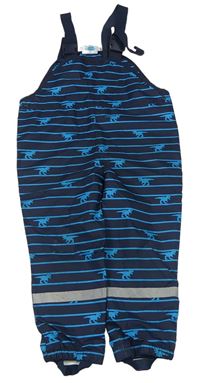 Tmavomodro-modré pruhované šusťákové laclové podšité kalhoty s dinosaury Topolino