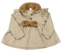 Béžová vzorovaná šatová tunika s mašlí a volánky a huňatým límečkem SHEIN