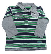 Tmavomodro-bílo-zeleno-šedé pruhované polo triko s výšivkou 