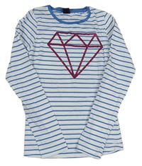 Bílo-modré pruhované triko s diamantem Y.F.K.