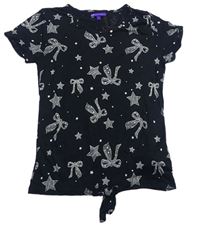Černé puntíkaté tričko s mašličkami a hvězdičkami a uzlem M&S