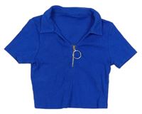 Modré žebrované crop tričko s límečkem Select 