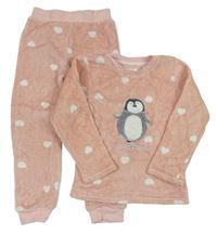 Světlerůžové puntíkaté chlupaté pyžamo s tučňákem F&F