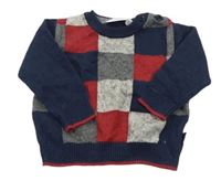 Tmavomodro-červeno-šedý kostkovaný svetr 