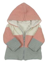 Růžovo-bílo-šedý propínací podšitý svetr s kapucí 