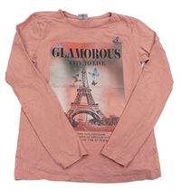Starorůžové triko s Eiffelovou věží a nápisy a motýlky page one young
