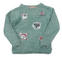 Khaki chlupatý svetr s obrázky z flitrů Kiki&Koko