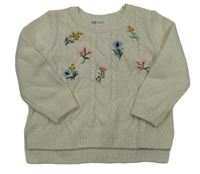 Smetanový vzorovaný vlněný svetr s výšivkami květů H&M