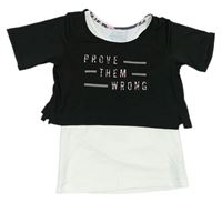 Černo-bílé crop tričko s 3D nápisem a všitým topem Primark