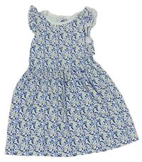 Bílo-modré bavlněné šaty s listy a volánky