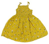 Okrové puntíkaté plátěné letní šaty s kytičkami 