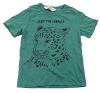 Tyrkysové tričko s leopardem a nápisem H&M