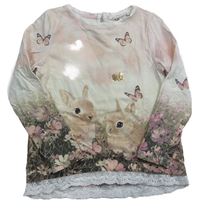 Světlerůžovo-smetanovo-hnědé triko s králíčky a motýlky a krajkou zn. H&M