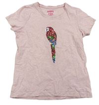 Růžové melírované tričko s papouškem z flitrů Tchibo