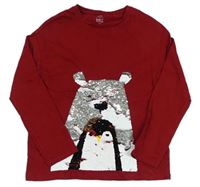 Tmavočervené triko s medvědem a tučňákem z překlápěcích flitrů Next