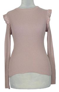 Dámský růžový žebrovaný lehký svetr s volánky Miss Selfridge 
