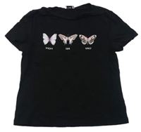 Černé tričko s motýlky a nápisy F&F
