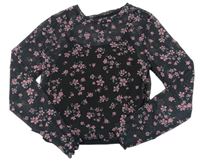Černé crop šifonové květované triko s všitým topem New Look