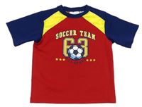 Červeno-tmavomodro-hořčicové sportovní tričko s míčem a číslem