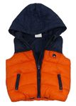 Oranžovo-tmavomodrá šusťáková zateplená vesta s kapucí F&F