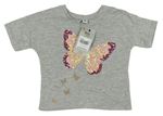 Šedé melírované tričko s motýlkem s flitry a zlatými motýlky Tu