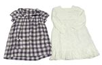 2x šaty - Bílé vzorované + bílo-fialové kostkované Mothercare