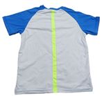Bílo-modré sportovní funkční tričko s neonově zelenými pruhy a nápisem zn. Decathlon