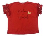 Tmavočervené oversize tričko s nápisy a volánky s perličkami RIVER ISLAND