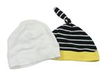 2x bavlněná čepice - černo-bílá pruhovaná + bílá