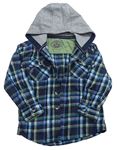 Tmavomodro-khaki-fialová kostkovaná flanelová košile s kapucí