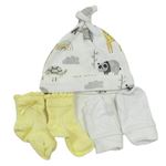 3set- Bílá čepice se zvířátky + žluté ponožky + Bílé novorozenecké rukavice Next