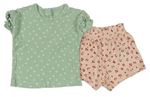 2set - Světlezelené žebrované tričko s puntíky + růžové bavlněné kraťasy se vzorem