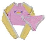 2set- Růžovo-žluto-bílé UV crop triko s palmami + kalhotky Primark