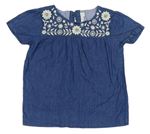 Modré tričko s vyšívanými květy riflového vzhledu Jojo Maman Bebé