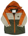 Khaki-béžovo-oranžová šusťáková jarní bunda s výšivkou a kapucí  X-mail 