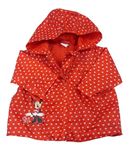 Červená šusťáková jarní bunda se srdíčky, Minnie a kapucí Disney