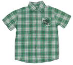 Zeleno-bílo-černá kostkovaná košile s nápisy 