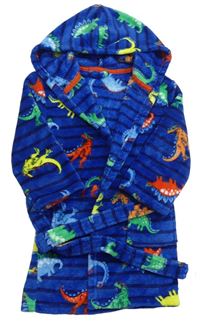 Modrý pruhovaný chlupatý župan s barevnými dinosaury a kapucí 
