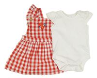 2 set - Bílé body + červené kostkované laclové šaty s výšivkou květů F&F