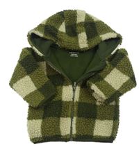 Zeleno-khaki kostkovaná huňatá podšitá propínací mikina s kapucí Primark