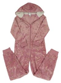 Starorůžová chlupatá kombinéza s jednorožci a kapucí Peacocks
