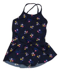 Tmavomodré květované jednodílné plavky se sukní 