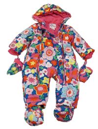 Modro-růžovo-barevná květovaná šusťáková zimní kombinéza s kapucí + rukavice a boty 