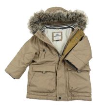 Béžová šusťáková zimní bunda s nápisem a kapucí s kožešinou C&A