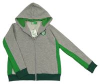 Nové - Šedo-zelená propínací mikina s potiskem a pruhy a kapucí 