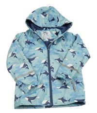Světlemodrá voděodolná lehce zateplená jarní bunda s velrybami a kapucí Lupilu
